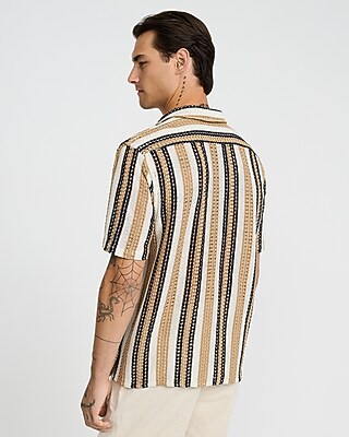 Textured Open Knit Tan Striped Short Sleeve Shirt