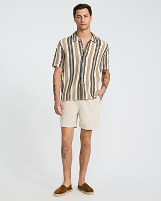 Textured Open Knit Tan Striped Short Sleeve Shirt