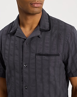 Tipped Textured Stripe Short Sleeve Cotton Shirt