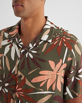 Abstract Tropical Floral Rayon Short Sleeve Shirt