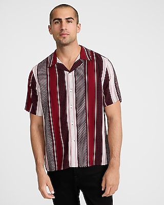 Express Men's Dotted Striped Short Sleeve Shirt in Deep Red