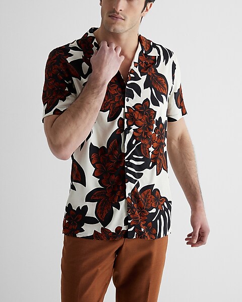 Tropical Floral Print Rayon Short Sleeve Shirt