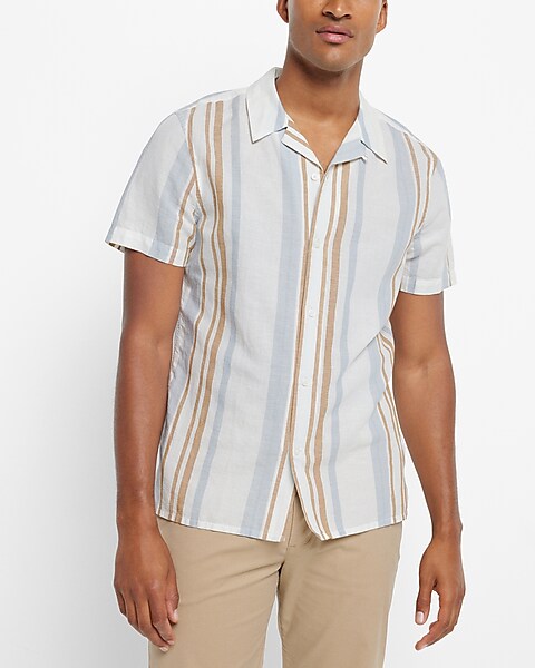 Colored Stripe Linen-blend Short Sleeve Shirt