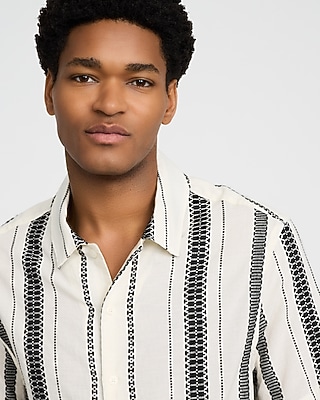 Textured Jacquard Striped Cotton-Blend Short Sleeve Shirt