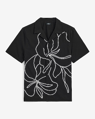 Embroidered Contrast Floral Cotton Short Sleeve Shirt