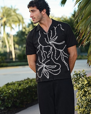 Embroidered Contrast Floral Cotton Short Sleeve Shirt