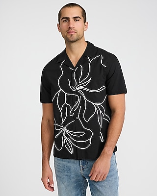 Embroidered Contrast Floral Cotton Short Sleeve Shirt
