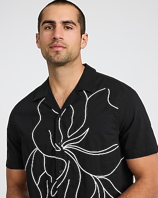 Embroidered Contrast Floral Cotton Short Sleeve Shirt