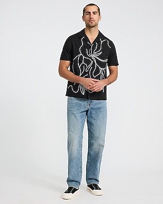 Embroidered Contrast Floral Cotton Short Sleeve Shirt