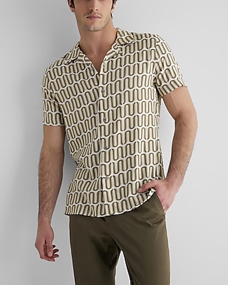 Express Men, Slim Geo Print Rayon Short Sleeve Shirt in Grain