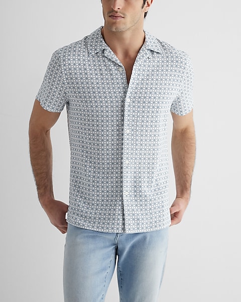 Express Men's Geo Print Stretch Linen Short Sleeve Shirt (Chalk-134 in limited sizes)