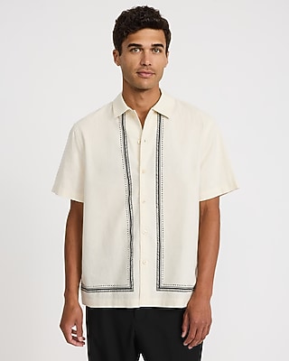 Pineapple Border Linen-Blend Short Sleeve Shirt