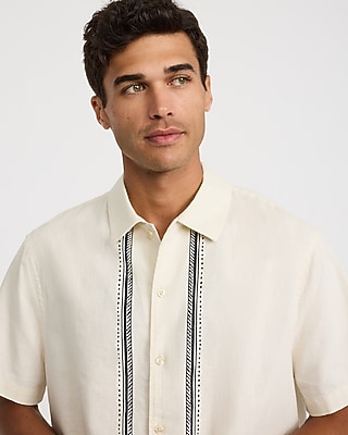 Pineapple Border Linen-Blend Short Sleeve Shirt