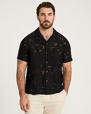 Textured Sheer Floral Jacquard Short Sleeve Shirt