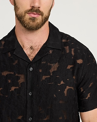 Textured Sheer Floral Jacquard Short Sleeve Shirt