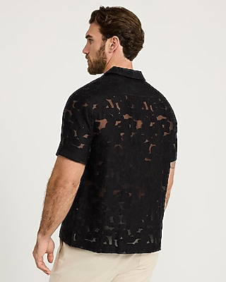 Textured Sheer Floral Jacquard Short Sleeve Shirt