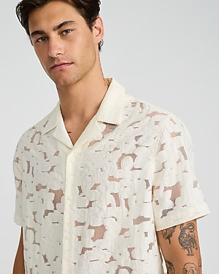 Textured Sheer Floral Jacquard Short Sleeve Shirt | Express