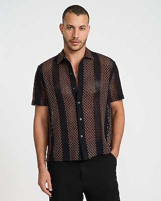 Textured Zig Zag Striped Short Sleeve Shirt | Express