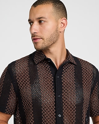Crochet Striped Cotton-blend Short Sleeve Shirt
