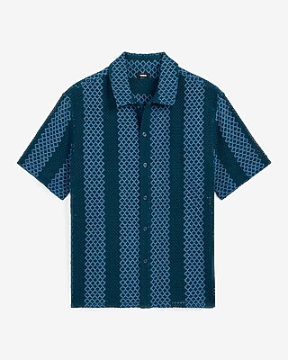 Crochet Striped Cotton-Blend Short Sleeve Shirt