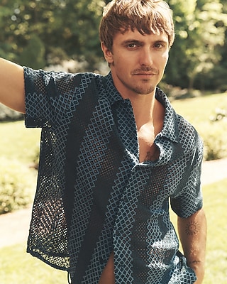 Crochet Striped Cotton-Blend Short Sleeve Shirt