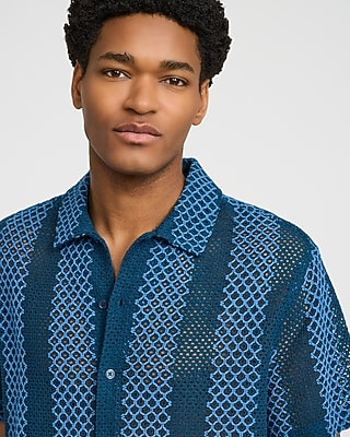 Crochet Striped Cotton-Blend Short Sleeve Shirt