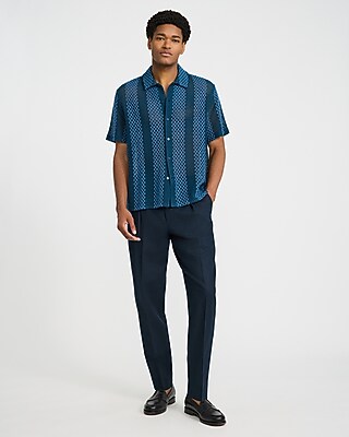 Crochet Striped Cotton-Blend Short Sleeve Shirt