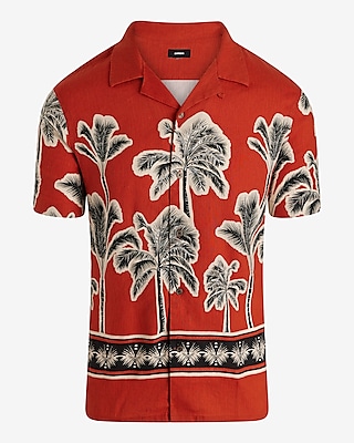 Bordered Palm Tree Linen-Blend Short Sleeve Shirt