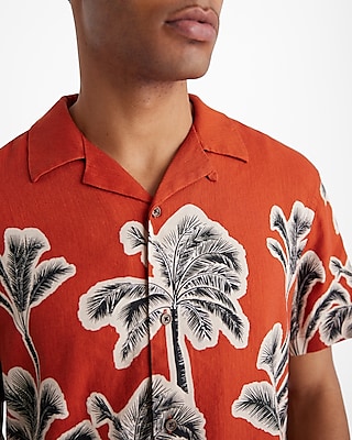 Bordered Palm Tree Linen-Blend Short Sleeve Shirt