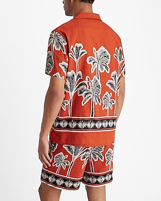 Bordered Palm Tree Linen-Blend Short Sleeve Shirt