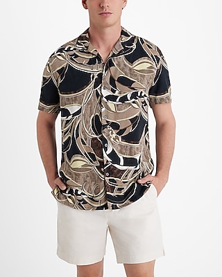 abstract linen-blend short sleeve shirt