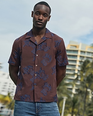 Textured Floral Two Tone Jacquard Short Sleeve Shirt