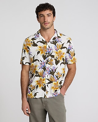 Tropical Floral Linen-blend Short Sleeve Shirt