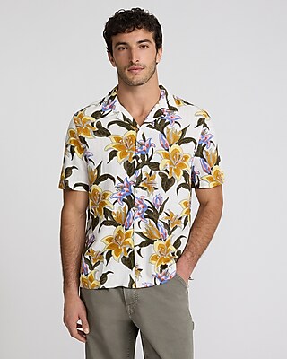 Tropical Floral Linen-Blend Short Sleeve Shirt