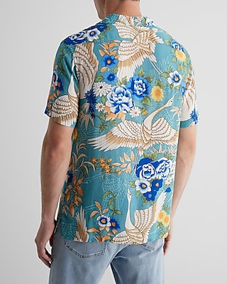 Crane Print Rayon Short Sleeve Shirt