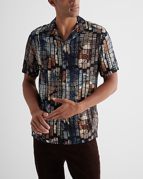 Printed Tile Rayon Short Sleeve Shirt | Express