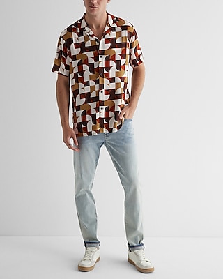 Abstract Geo Print Rayon Short Sleeve Shirt