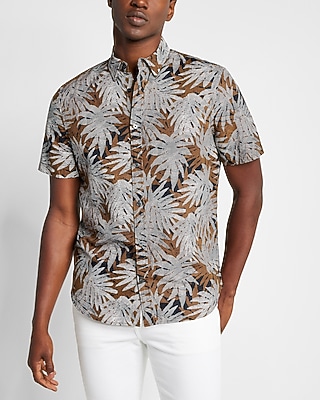  Floral Print Linen-Blend Short Sleeve Shirt