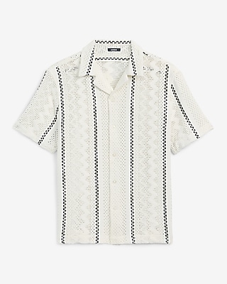 Textured Crochet Striped Short Sleeve Shirt