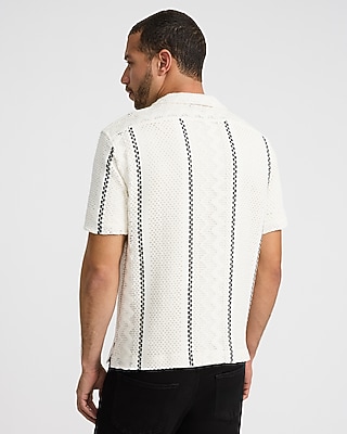Textured Crochet Striped Short Sleeve Shirt