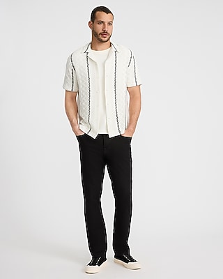 Textured Crochet Striped Short Sleeve Shirt