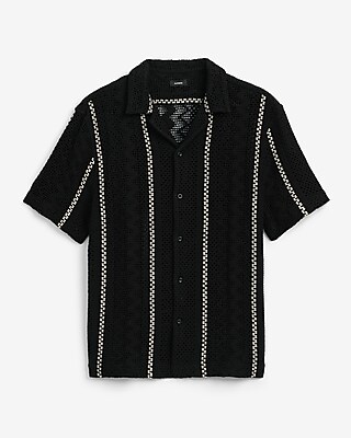 Textured Crochet Striped Short Sleeve Shirt