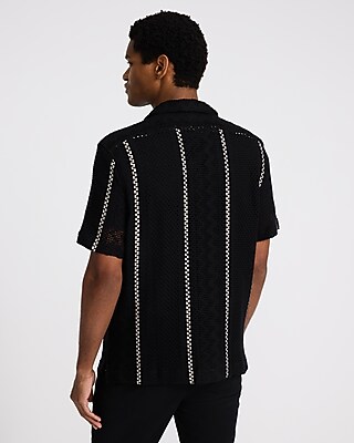 Textured Crochet Striped Short Sleeve Shirt
