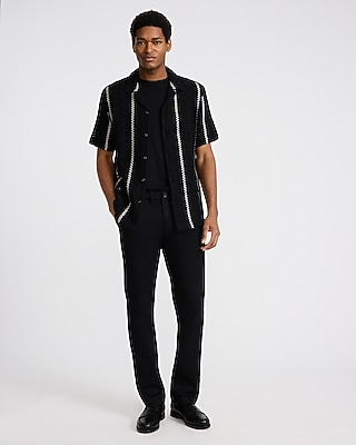 Textured Crochet Striped Short Sleeve Shirt