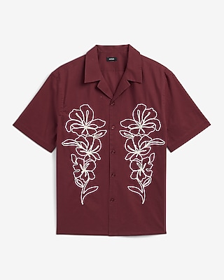 Embroidered Contrast Floral Cotton Ruby Short Sleeve Shirt