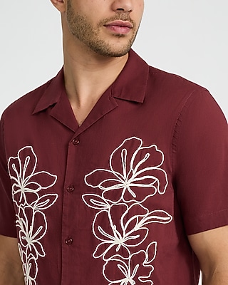 Embroidered Contrast Floral Cotton Ruby Short Sleeve Shirt