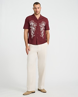 Embroidered Contrast Floral Cotton Ruby Short Sleeve Shirt