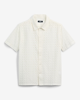 Textured Check Eyelet Cotton Short Sleeve Shirt