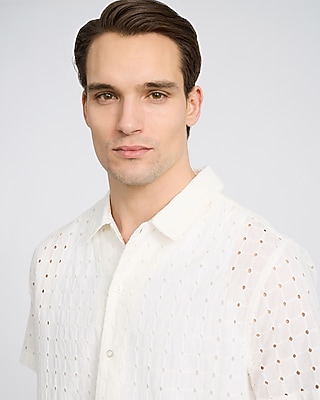 Textured Check Eyelet Cotton Short Sleeve Shirt