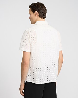 Textured Check Eyelet Cotton Short Sleeve Shirt